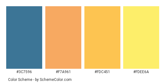 Sunset on the Lake - Color scheme palette thumbnail - #3c7596 #f7a961 #fdc451 #fdee6a 