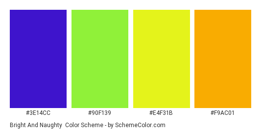 Bright and Naughty - Color scheme palette thumbnail - #3e14cc #90f139 #e4f31b #f9ac01 
