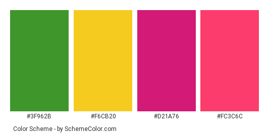 Bright Tulips - Color scheme palette thumbnail - #3f962b #f6cb20 #d21a76 #fc3c6c 