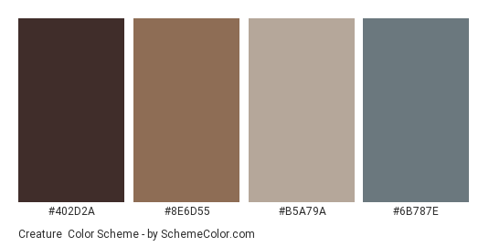 Creature - Color scheme palette thumbnail - #402D2A #8E6D55 #B5A79A #6B787E 