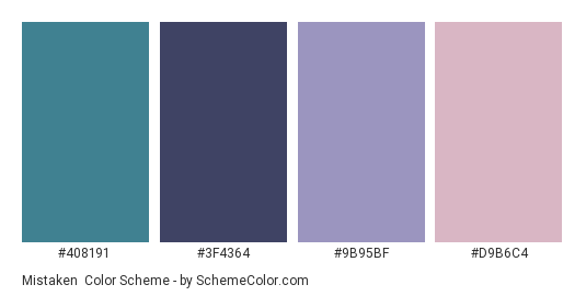 Mistaken - Color scheme palette thumbnail - #408191 #3F4364 #9B95BF #D9B6C4 
