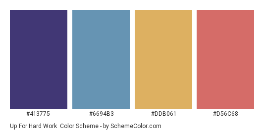 Up for Hard Work - Color scheme palette thumbnail - #413775 #6694B3 #DDB061 #D56C68 