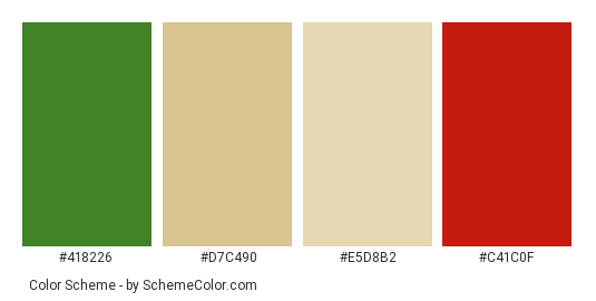 Spaghetti Tomatoes - Color scheme palette thumbnail - #418226 #d7c490 #e5d8b2 #c41c0f 