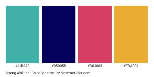 Strong Abilities - Color scheme palette thumbnail - #41B0A9 #05005B #D84063 #EBAD31 