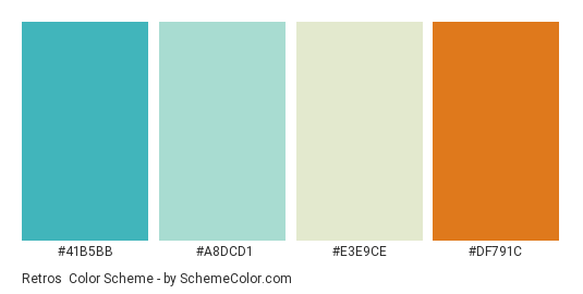 Retros - Color scheme palette thumbnail - #41B5BB #A8DCD1 #E3E9CE #DF791C 