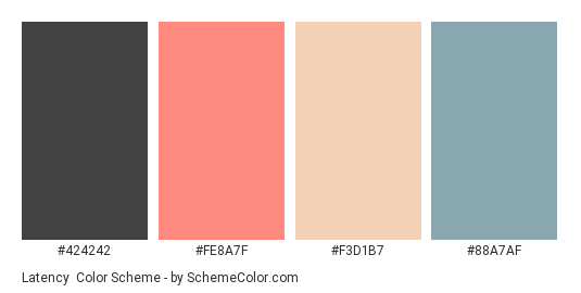 Latency - Color scheme palette thumbnail - #424242 #fe8a7f #f3d1b7 #88a7af 