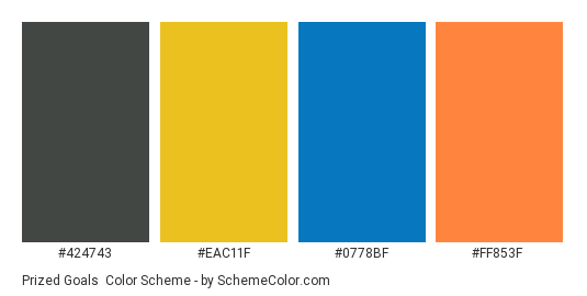 Prized Goals - Color scheme palette thumbnail - #424743 #eac11f #0778bf #ff853f 