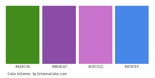 Natural Blue Bells - Color scheme palette thumbnail - #428C1B #8B4CA7 #C872CC #4787E9 