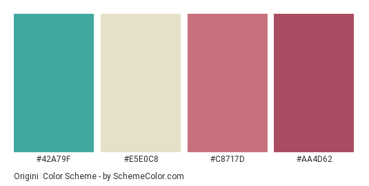 Origini - Color scheme palette thumbnail - #42A79F #E5E0C8 #C8717D #AA4D62 