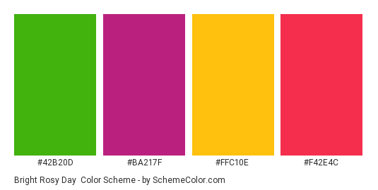 Bright Rosy Day - Color scheme palette thumbnail - #42B20D #BA217F #FFC10E #F42E4C 