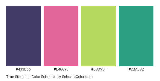 True Standing - Color scheme palette thumbnail - #433b66 #e46698 #b8d95f #2ba082 