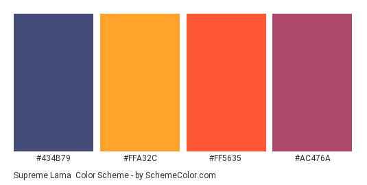 Supreme Lama - Color scheme palette thumbnail - #434b79 #ffa32c #ff5635 #ac476a 