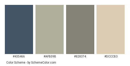New Mortgage Home - Color scheme palette thumbnail - #435466 #afb09b #828374 #dcccb3 