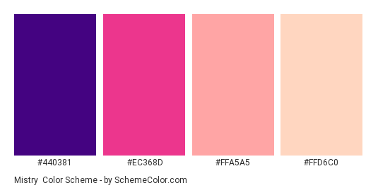 Mistry - Color scheme palette thumbnail - #440381 #ec368d #ffa5a5 #ffd6c0 