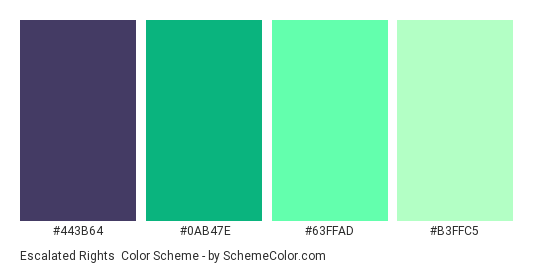 Escalated Rights - Color scheme palette thumbnail - #443B64 #0AB47E #63FFAD #B3FFC5 