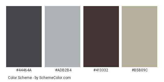 Gray and Beige House - Color scheme palette thumbnail - #44464A #ADB2B4 #413332 #B5B09C 
