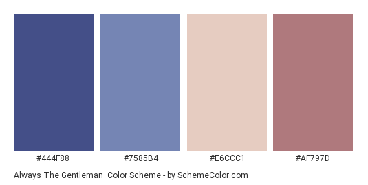 Always the Gentleman - Color scheme palette thumbnail - #444F88 #7585B4 #E6CCC1 #AF797D 