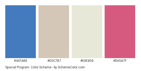 Special Program - Color scheme palette thumbnail - #447ABE #D5C7B7 #E8E8D8 #D65A7F 