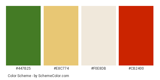 Yummy Pasta - Color scheme palette thumbnail - #447B25 #E8C774 #F0E8DB #CB2400 