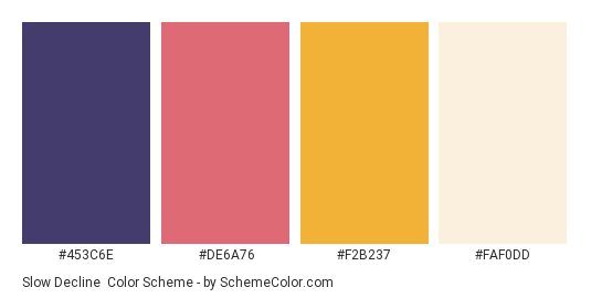 Slow Decline - Color scheme palette thumbnail - #453C6E #DE6A76 #F2B237 #FAF0DD 