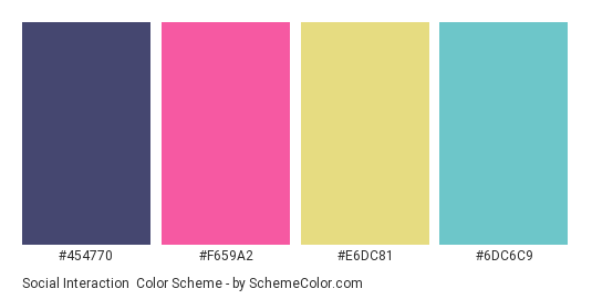 Social Interaction - Color scheme palette thumbnail - #454770 #F659A2 #E6DC81 #6DC6C9 
