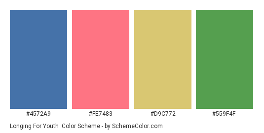 Longing for Youth - Color scheme palette thumbnail - #4572A9 #FE7483 #d9c772 #559f4f 