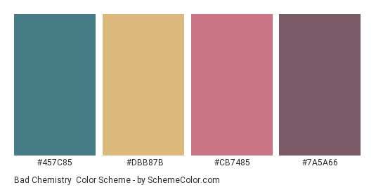 Bad Chemistry - Color scheme palette thumbnail - #457C85 #DBB87B #CB7485 #7a5a66 