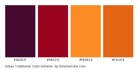 Indian Traditional - Color scheme palette thumbnail - #460B2F #9a031e #fb8b24 #e36414 