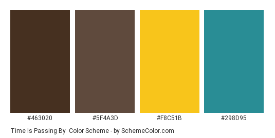 Time is Passing By - Color scheme palette thumbnail - #463020 #5f4a3d #f8c51b #298d95 