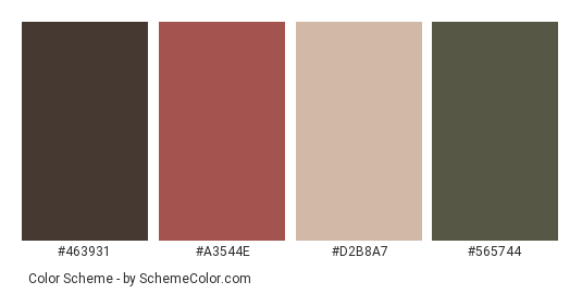 Follow Me - Color scheme palette thumbnail - #463931 #a3544e #d2b8a7 #565744 