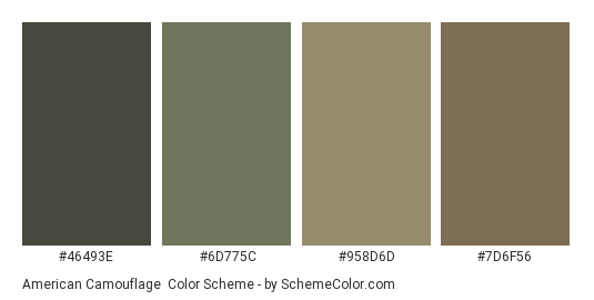 American Camouflage - Color scheme palette thumbnail - #46493e #6d775c #958d6d #7d6f56 