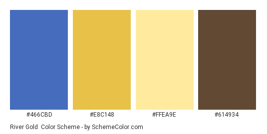 River Gold - Color scheme palette thumbnail - #466CBD #E8C148 #FFEA9E #614934 
