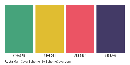 Rasta Man - Color scheme palette thumbnail - #46A37B #E0BD31 #EB5464 #433A66 