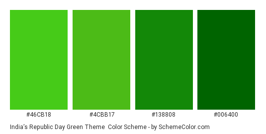 India’s Republic Day Green Theme - Color scheme palette thumbnail - #46CB18 #4CBB17 #138808 #006400 