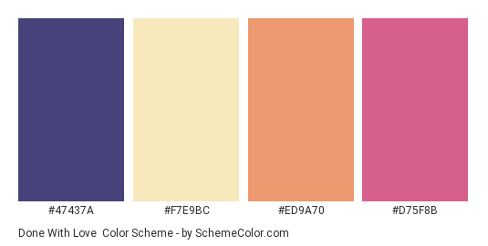 Done with Love - Color scheme palette thumbnail - #47437A #F7E9BC #ED9A70 #D75F8B 