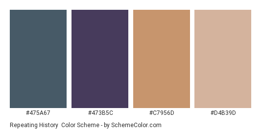 Repeating History - Color scheme palette thumbnail - #475A67 #473B5C #C7956D #D4B39D 