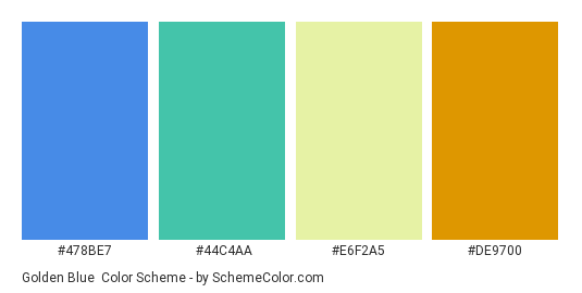 Golden Blue - Color scheme palette thumbnail - #478BE7 #44C4AA #E6F2A5 #DE9700 