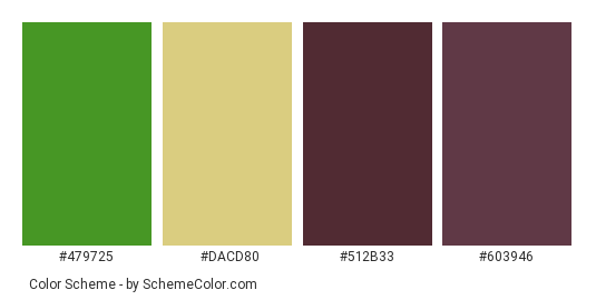 Green Horned Caterpillar - Color scheme palette thumbnail - #479725 #dacd80 #512b33 #603946 