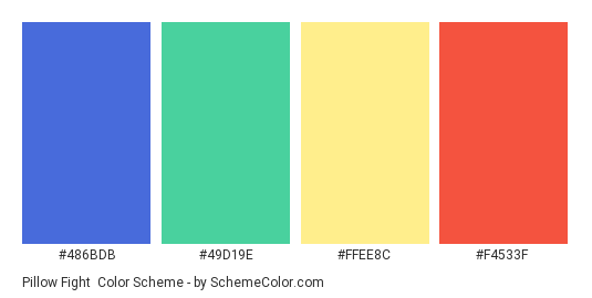 Pillow Fight - Color scheme palette thumbnail - #486BDB #49D19E #FFEE8C #F4533F 