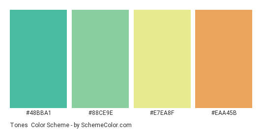 Tones - Color scheme palette thumbnail - #48bba1 #88ce9e #e7ea8f #eaa45b 