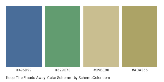 Keep the Frauds Away - Color scheme palette thumbnail - #496d99 #629c70 #c9be90 #aca366 