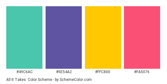 All It Takes - Color scheme palette thumbnail - #49c6ac #5e54a2 #ffc800 #fa5076 