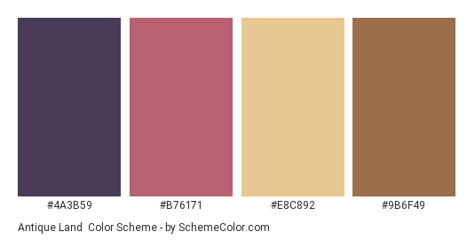 Antique Land - Color scheme palette thumbnail - #4A3B59 #B76171 #e8c892 #9b6f49 