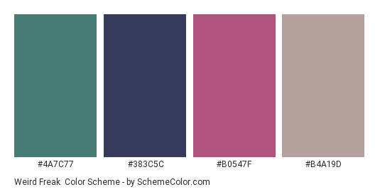 Weird Freak - Color scheme palette thumbnail - #4A7C77 #383C5C #B0547F #B4A19D 