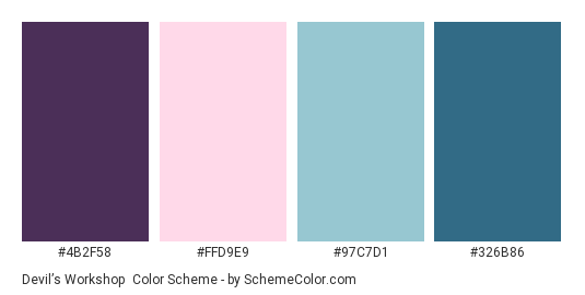 Devil’s Workshop - Color scheme palette thumbnail - #4B2F58 #FFD9E9 #97C7D1 #326B86 