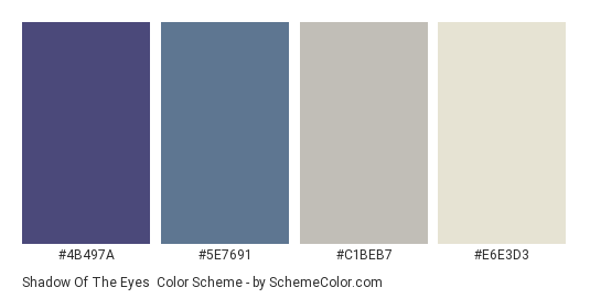 Shadow of the Eyes - Color scheme palette thumbnail - #4B497A #5E7691 #C1BEB7 #E6E3D3 