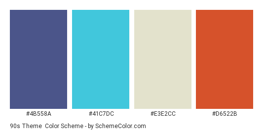 90s Theme - Color scheme palette thumbnail - #4B558A #41C7DC #E3E2CC #D6522B 
