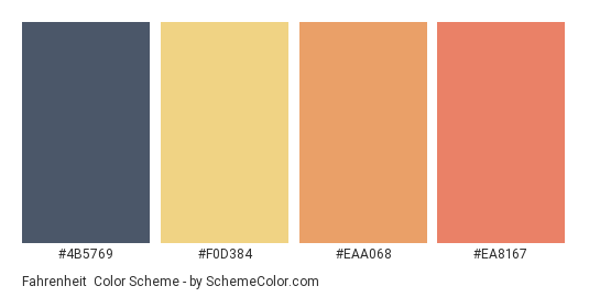 Fahrenheit - Color scheme palette thumbnail - #4B5769 #F0D384 #EAA068 #EA8167 