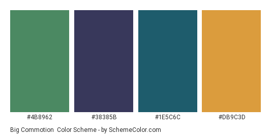 Big Commotion - Color scheme palette thumbnail - #4B8962 #38385B #1E5C6C #DB9C3D 