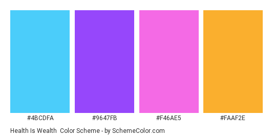 Health is Wealth - Color scheme palette thumbnail - #4BCDFA #9647FB #F46AE5 #FAAF2E 